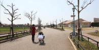 ソレイユの丘の入り口を入ってすぐの遊歩道とベビーカーを押して歩く親子の姿